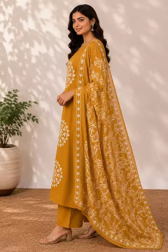 Pure cotton floral print mustard kurta & pant with dupatta set for women