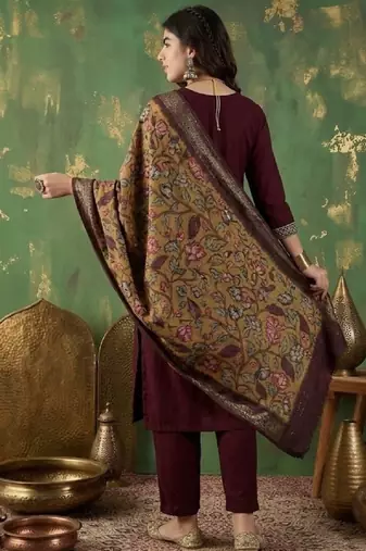 Maroon straight kurta with trousers & dupatta set for women