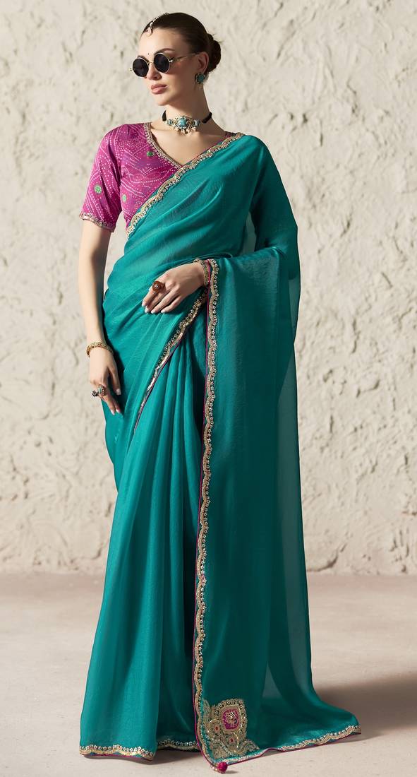 Teal embroidery work fancy fabric saree with blouse