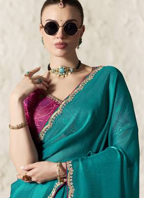 Teal embroidery work fancy fabric saree with blouse 2