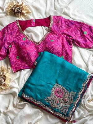 Teal embroidery work fancy fabric saree with blouse 3