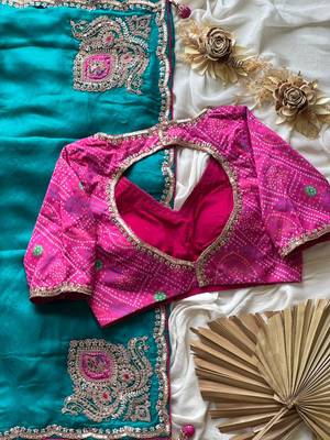 Teal embroidery work fancy fabric saree with blouse 4