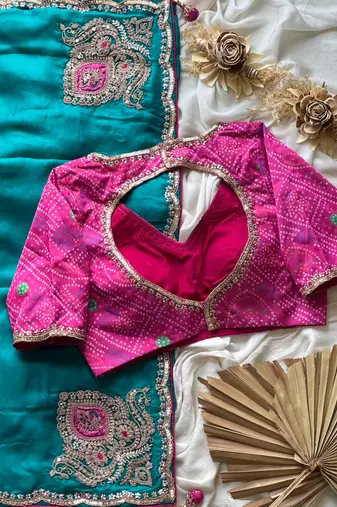 Teal embroidery work fancy fabric saree with blouse