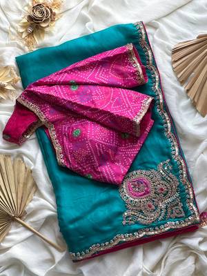 Teal embroidery work fancy fabric saree with blouse 5