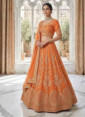 New Designer Orange Georgette Embroidered Lehenga Choli Set For Women's 1