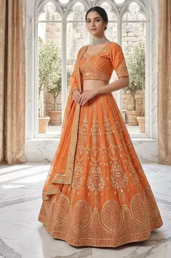 New Designer Orange Georgette Embroidered Lehenga Choli Set For Women's