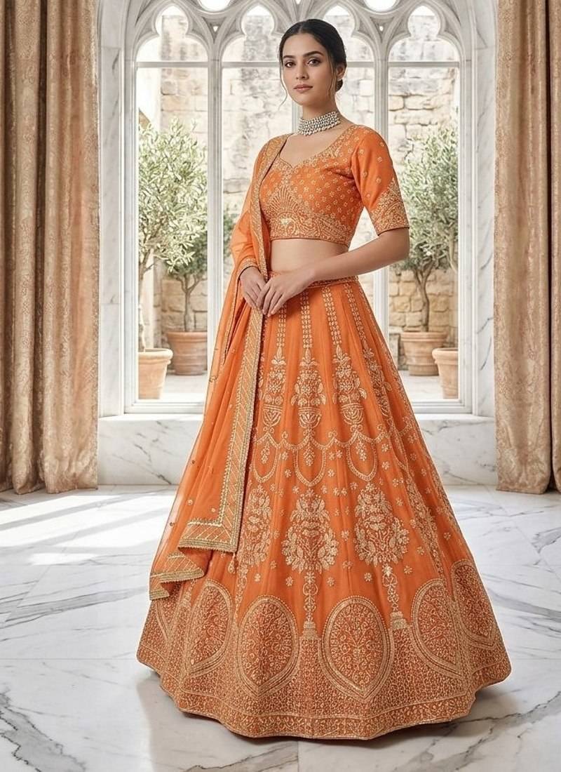 New Designer Orange Georgette Embroidered Lehenga Choli Set For Women's