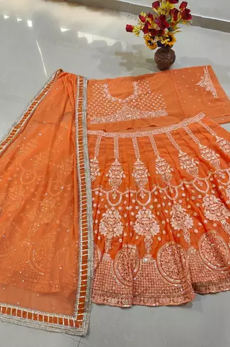 New Designer Orange Georgette Embroidered Lehenga Choli Set For Women's