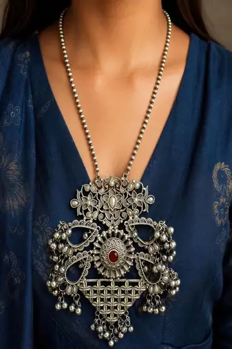 Long Oxidized Silver Statement Necklace, Handcrafted Pendant with Red Stone