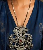 Long Oxidized Silver Statement Necklace, Handcrafted Pendant with Red Stone