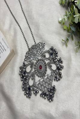 Long Oxidized Silver Statement Necklace, Handcrafted Pendant with Red Stone 3