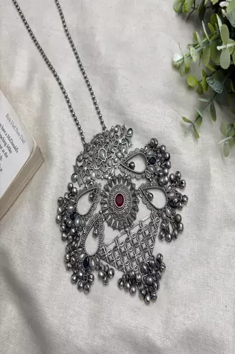 Long Oxidized Silver Statement Necklace, Handcrafted Pendant with Red Stone