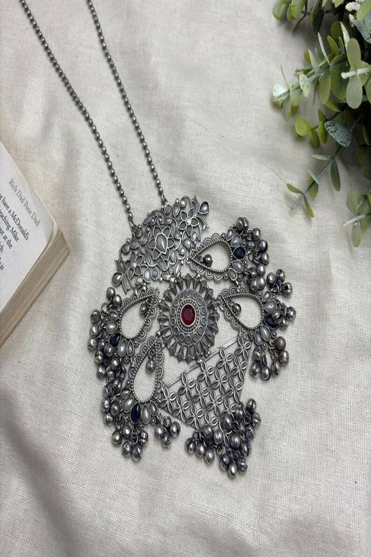 Long Oxidized Silver Statement Necklace, Handcrafted Pendant with Red Stone