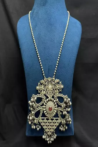 Long Oxidized Silver Statement Necklace, Handcrafted Pendant with Red Stone