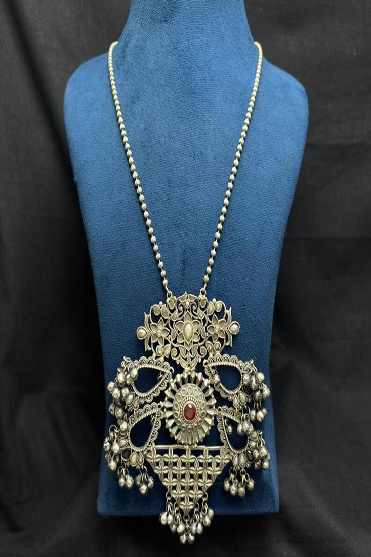 Long Oxidized Silver Statement Necklace, Handcrafted Pendant with Red Stone