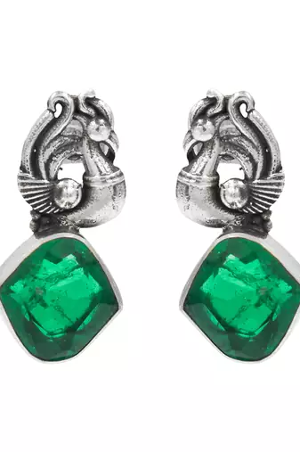 Silver plated green stone drop earrings