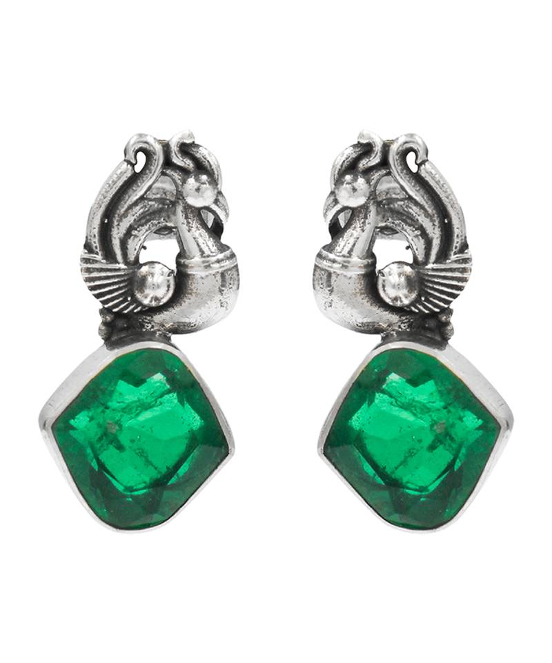 Silver plated green stone drop earrings