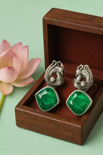 Silver plated green stone drop earrings