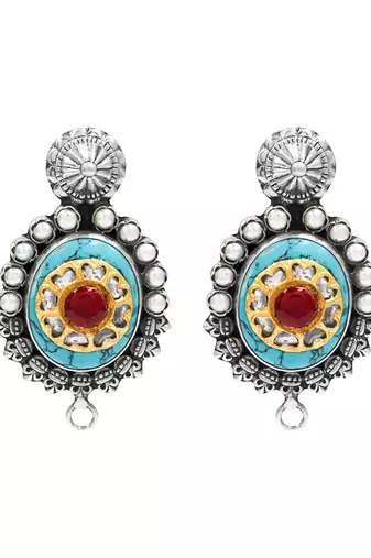 Silver plated turquoise blue stone kundan earrings