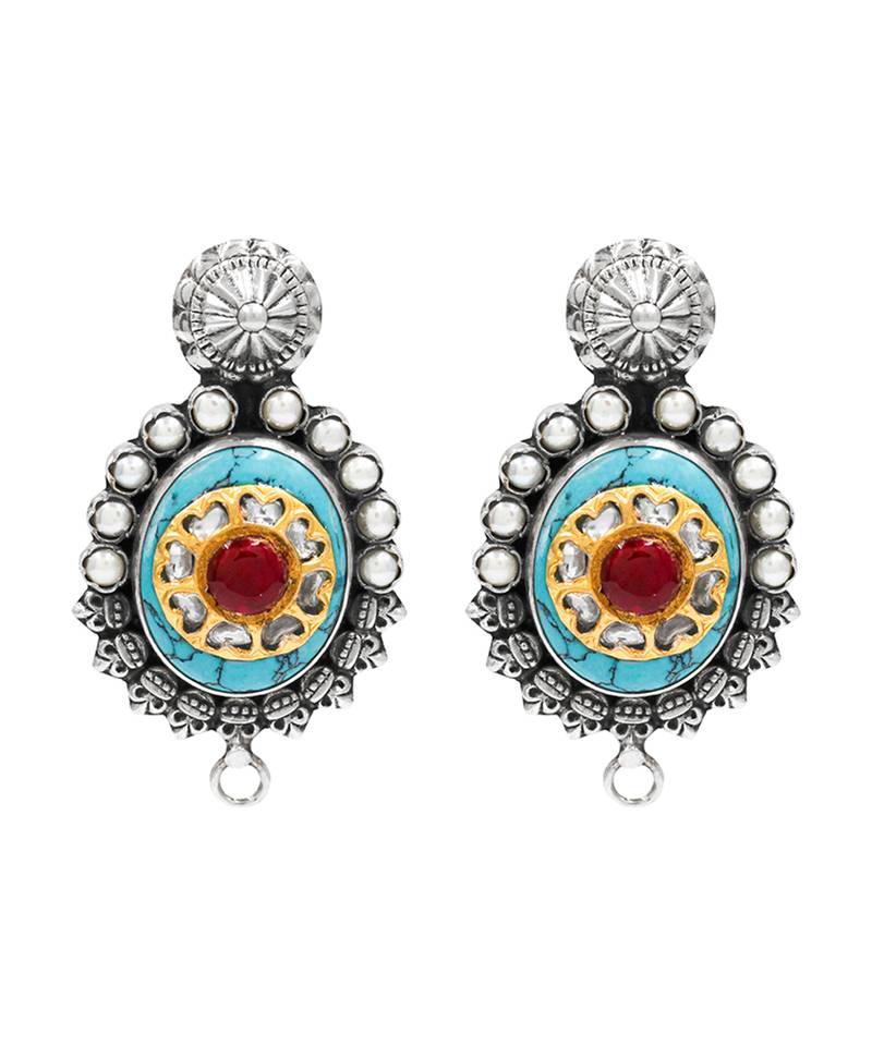 Silver plated turquoise blue stone kundan earrings