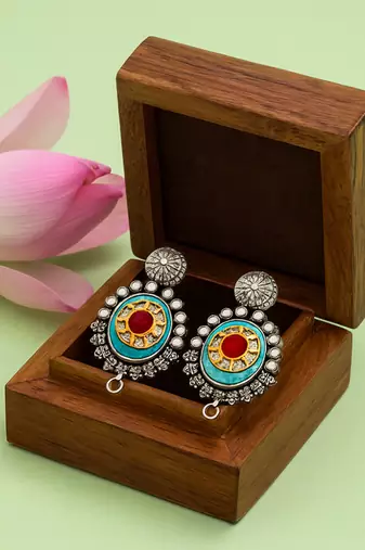 Silver plated turquoise blue stone kundan earrings