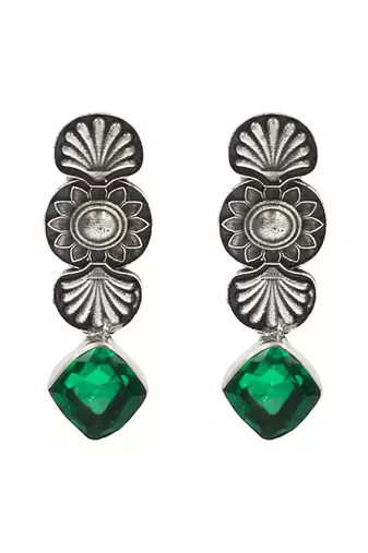 Silver plated green stone dangler earrings