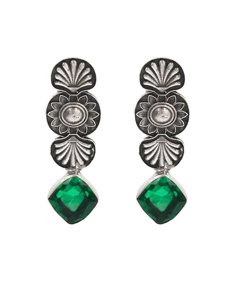 Silver plated green stone dangler earrings