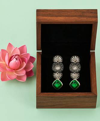 Silver plated green stone dangler earrings 2