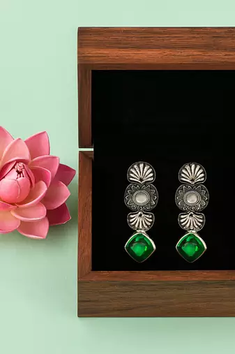 Silver plated green stone dangler earrings