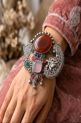 Adjustable Oxidized Silver Fusion Cuff Bracelet | Chitai Work Peacock Bangle with Gemstones | Boho Tribal Indian