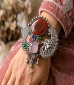 Adjustable Oxidized Silver Fusion Cuff Bracelet | Chitai Work Peacock Bangle with Gemstones | Boho Tribal Indian