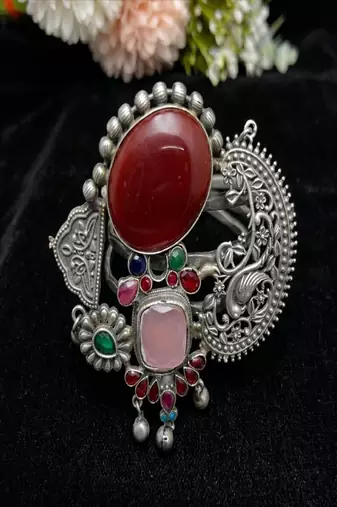 Adjustable Oxidized Silver Fusion Cuff Bracelet | Chitai Work Peacock Bangle with Gemstones | Boho Tribal Indian