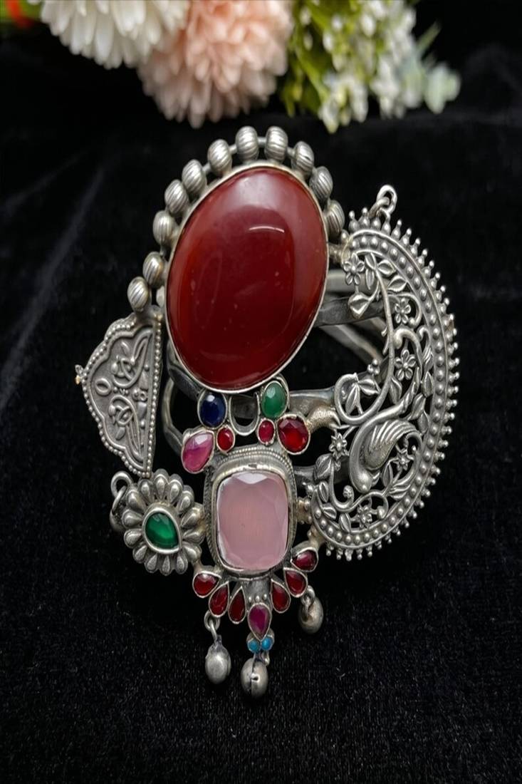 Adjustable Oxidized Silver Fusion Cuff Bracelet | Chitai Work Peacock Bangle with Gemstones | Boho Tribal Indian