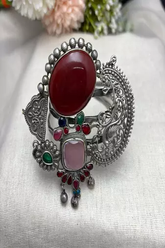 Adjustable Oxidized Silver Fusion Cuff Bracelet | Chitai Work Peacock Bangle with Gemstones | Boho Tribal Indian