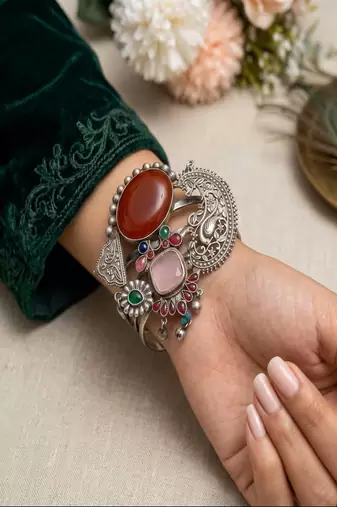 Adjustable Oxidized Silver Fusion Cuff Bracelet | Chitai Work Peacock Bangle with Gemstones | Boho Tribal Indian