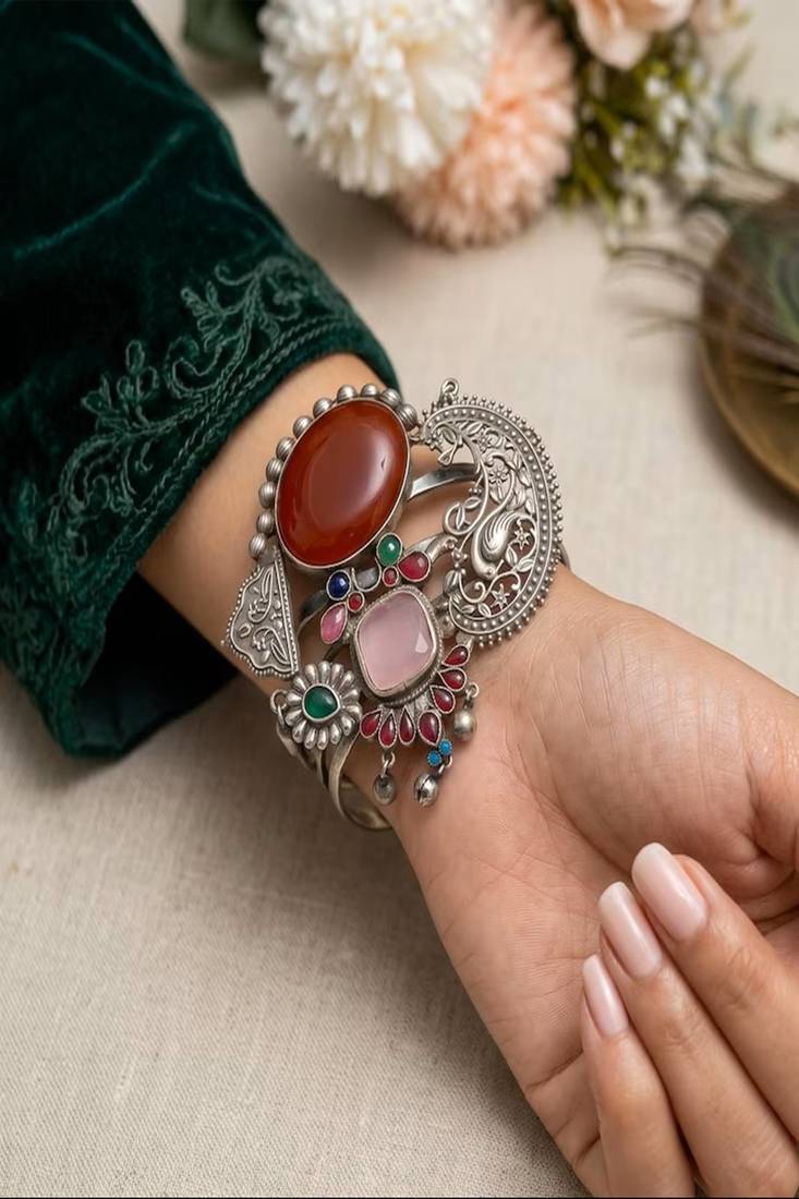 Adjustable Oxidized Silver Fusion Cuff Bracelet | Chitai Work Peacock Bangle with Gemstones | Boho Tribal Indian