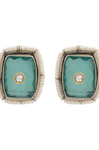 Silver plated green stone kundan stud earrings