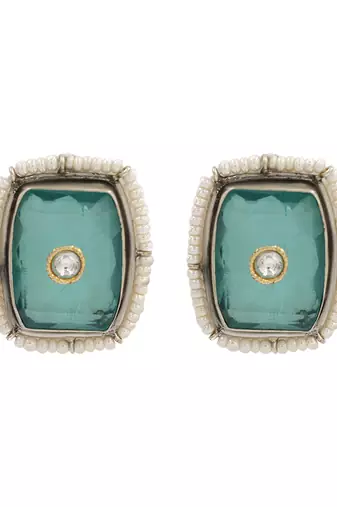 Silver plated green stone kundan stud earrings