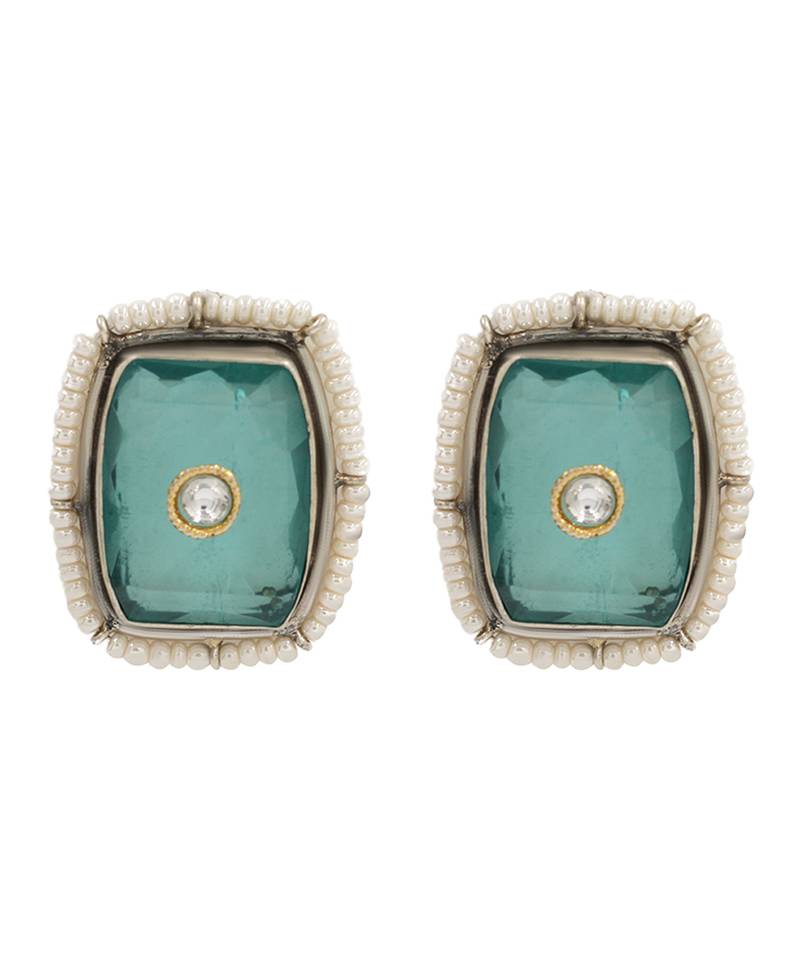Silver plated green stone kundan stud earrings