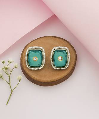 Silver plated green stone kundan stud earrings 2