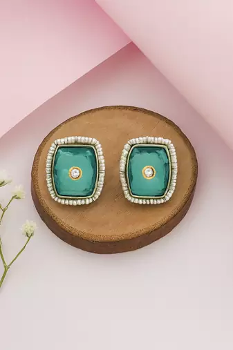 Silver plated green stone kundan stud earrings