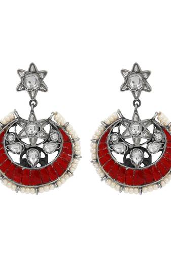 Silver plated red stone chand style earrings