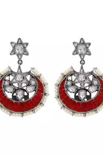 Silver plated red stone chand style earrings