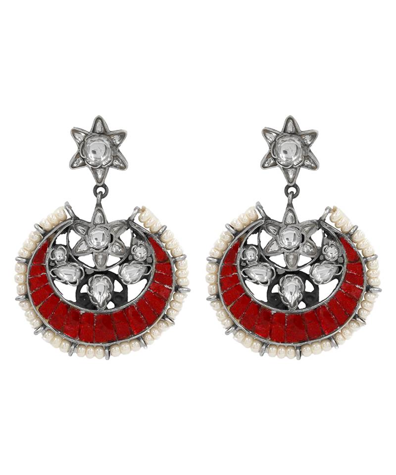 Silver plated red stone chand style earrings
