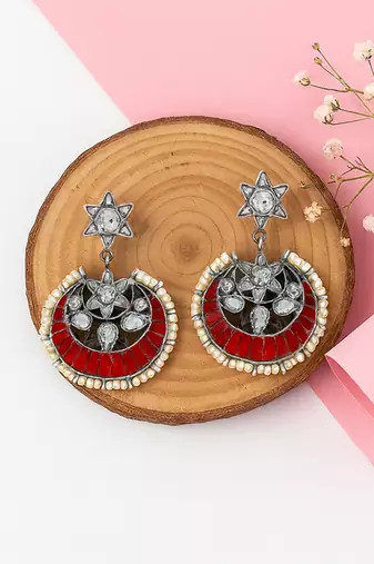 Silver plated red stone chand style earrings