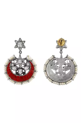 Silver plated red stone chand style earrings