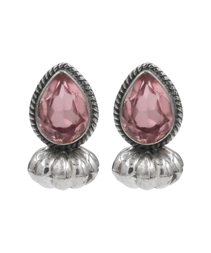Silver plated pink stone stud earrings