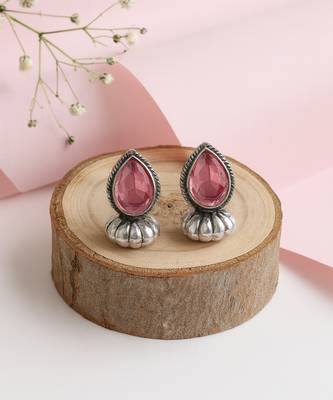 Silver plated pink stone stud earrings 2