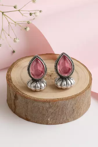 Silver plated pink stone stud earrings
