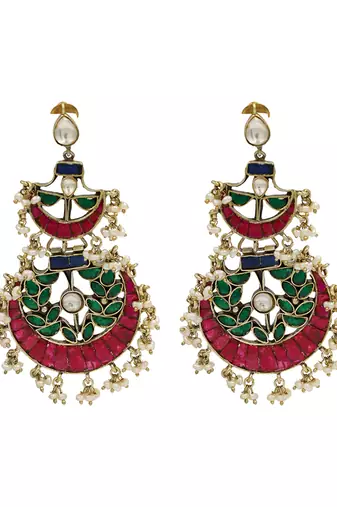 Gold plated red green stones chandbali earrings